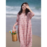 Literary and retro floral dress  summer new loose large size waist and thin temperament long dress five-quarter sleeves