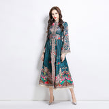 Hot trade New women's clothing export 2025 spring and summer new stand-up collar horn sleeve ethnic lace splicing long jumpsuit