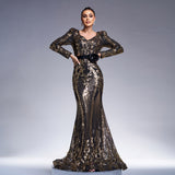 2025 women's clothing new high-end long-sleeved V-neck slim-fit hip-wrapped banquet sequined fishtail evening dress dress