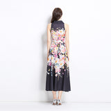 2025 niche fashion retro suit collar sleeveless waist printed dress women's thin big swing elegant long skirt