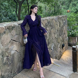 2025 sexy premium purple V-neck ruffle edge waist long-sleeved dress women's vacation atmosphere dress long dress