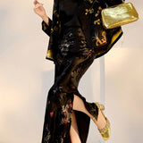 new Chinese style flower printing simple acetic acid skirt light luxury niche temperament long skirt M4234B