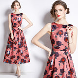 Hot trade export printed vest dress women's summer dress new waist and thin temperament elegant big swing dress dress