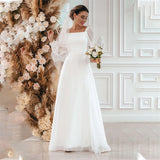 2025 Hot trade new wedding dress simple white elegant A-shaped skirt square neck long sleeve falling to the ground beach bridal dress  spring
