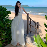 2025 Off-white chiffon deep V-neck split skirt fairy long dress summer seaside vacation neck suspender dress