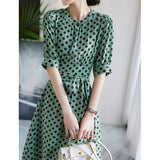 2025 Double crepe mulberry silk dress, polka dot printing green tone skirt  new summer women's clothing wholesale
