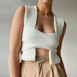HULIANFU New 2025  ins Spice Girls Fashion Women's Knitted Sexy Backless Irregular Versatile Strap Top