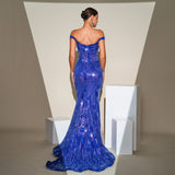 2025 new high-end temperament sleeveless one-word collar banquet hip-wrapped sequined split evening dress dress women