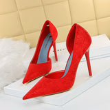 2025 6168-1  fashion, sexy and thin side hollow high heels, thin heel cloth surface, shallow mouth, pointed head, super high heel single shoes