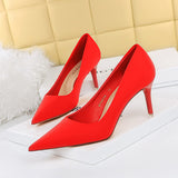 2025 18249-A2 Korean version Spring and autumn fashion simple thin heel high heel light mouth pointed satin high heels women's shoes single shoes