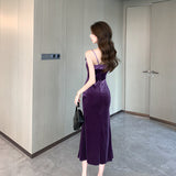2025 High Sense Celebrity Annual Meeting Small Dress Women's Design Sense Niche Flower  Purple Velvet Suspender Dress Autumn