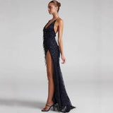 HULIANFU popular 2025 New solid color fringed sequined suspender cocktail dress party dress long dress fringed dress