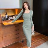 2025 Early autumn new square neck long-sleeved dress women's  high-end sense solid color light and mature style temperament slit medium and long skirt