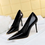 2025 9283-6  style sexy and thin high heels, thin heel, super high heel, glossy patent leather, light mouth metal pointed single shoes