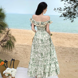 2025 off-the-shoulder suspender skirt women's summer 2025 new high-end one-word shoulder coffee break skirt oil painting print dress
