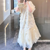 2025 spring and summer court style three-dimensional flower silk dress loose mulberry silk fairy dress
