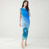 2025 Summer dress women's high elasticity pleated thin high-end design printed sleeveless versatile  straight skirt