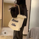 HULIANFU 2025 Bag women's new Korean embroidered letters large-capacity commuter bag fringed canvas bag shoulder tote women's bag