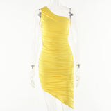 2025 hot-selling fashion and sexy irregular slanted shoulder skirt  summer new solid color backless pleated dress