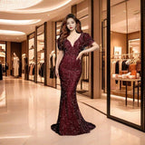 HULIANFU 2025 spring and summer new product fashion V-neck hip wrap sequined 2025 dress mid-waist lantern sleeve long evening dress