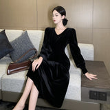 2025 temperament v-neck high-end velvet dress for women's autumn and winter new waist and thin medium and long black skirt