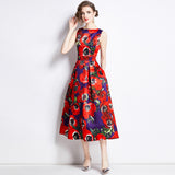 Celebrity high-end printed vest dress women's summer dress new waist and thin temperament elegant big swing dress dress