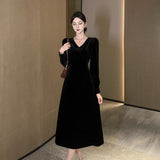 2025 temperament v-neck high-end velvet dress for women's autumn and winter new waist and thin medium and long black skirt