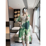 Miyake  spring and summer new ink painting printing elegant loose and thin pleated dress temperament medium and long dress