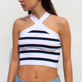 HULIANFU New  2025 summer new striped cross-neck sexy knitted bottom tube top outer vest women's clothing