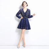 Light luxury court style bubble sleeve dress women's heavy industry hollow crochet design chic temperament medium and long skirt