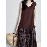 new literary and retro versatile, loose large size and thin quality cotton and linen temperament V-neck vest, coffee