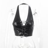 ins style   Popular trade summer explosion neck sexy backless lace-up short women's PU small vest
