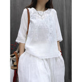 spring and summer literary and retro embroidered versatile pullover top loose large size casual medium sleeve thin shirt