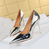 2025 9611-7  style sexy and thin shallow mouth pointed head super high heel metal stone pattern retro women's single shoes high heels