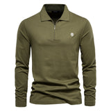 HULIANFU 2025 autumn and winter new long-sleeved POLO shirt embroidered men's casual solid color top zipper lapel pure cotton polo