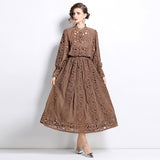 celebrities dress lantern sleeves embroidered shirt women's high-end sense hollow lace splicing skirt set