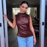 Sleeveless leather vest   women's clothing leather stand-up collar personalized waist irregular hem sleeveless top
