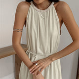 2025 Khaki cotton and linen sleeveless neck high waist A pendulum dress popular  summer breathable fashion new long dress