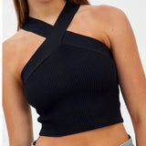 HULIANFU 2025  women's clothing bm sexy cross-neck knitted short outer wear with bottom sling vest top