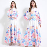 2025 new niche court  dress with waist and thin lantern sleeves single-breasted long printed dress