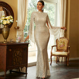 2025 high-end long-sleeved temperament round neck sexy long sequined banquet evening dress bridesmaid dress women