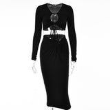 2025 New autumn and winter new sexy solid color sleeve head hollow long-sleeved top strap hip skirt two-piece set wholesale