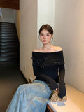 2025 spring new temperament one-word collar versatile bottoming shirt long-sleeved knitted sweater women's top 25020