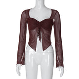HULIANFU 2025 New women's clothing  spring INS new sexy babes drawstring cardigan mesh long-sleeved T-shirt top women