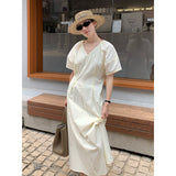 2025 THE MIND pleated V-neck dress 2025 thirteen lines summer new Korean simple long skirt 003AX