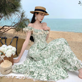 2025 off-the-shoulder suspender skirt women's summer 2025 new high-end one-word shoulder coffee break skirt oil painting print dress