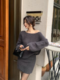 2025 popular autumn and winter new temperament solid color knitted sweater + hip wrap and thin short skirt two-piece set 25170