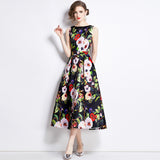 Celebrity high-end printed vest dress women's summer dress new waist and thin temperament elegant big swing dress dress