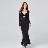 Real shot, new autumn and winter products, full body drill mesh, high elastic waist, sexy hip-wrapped fishtail skirt, long sleeves with chest pads