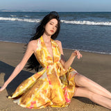 2025 Sexy deep V backless yellow floral suspender skirt summer seaside vacation dress travel wear beach skirt